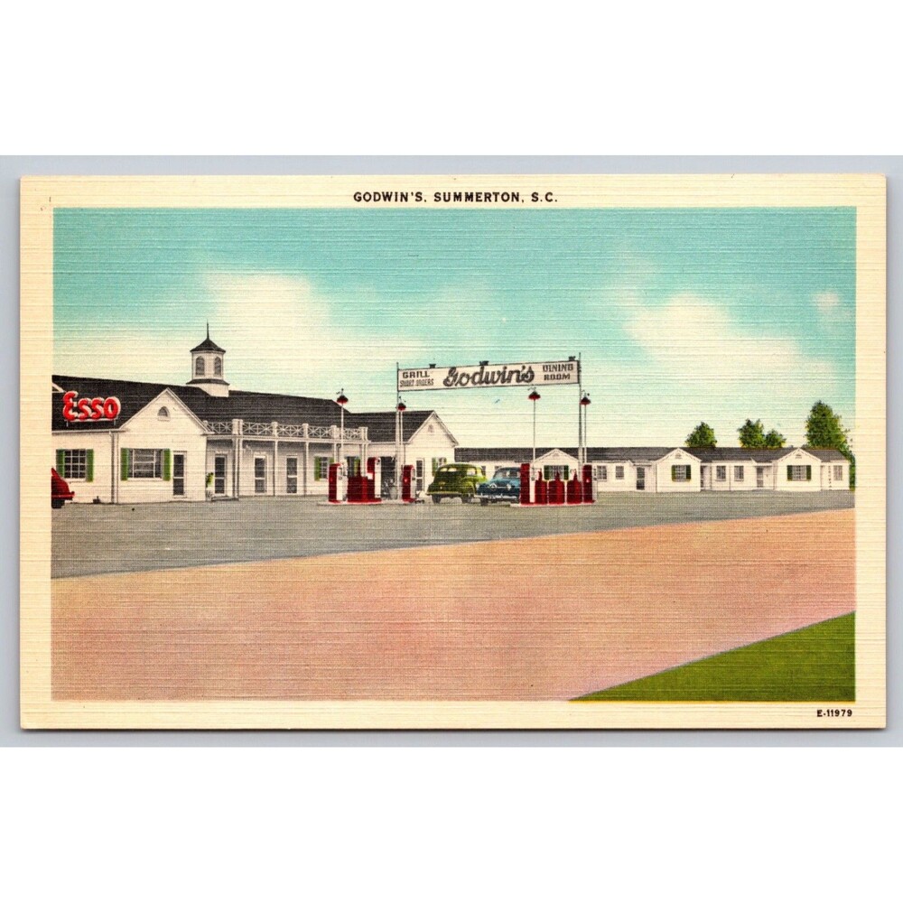 Vintage Linen Postcard Godwin's Motor Court Summerton SC ESSO Gas Station 1940s